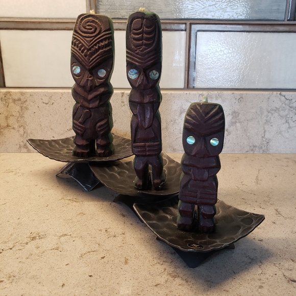 Vintage/Antique Tiki candles in chunky Swiss candleholders. - Picture 2 of 12